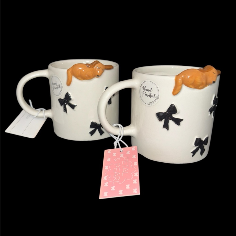 Mug with Black Bows and Brown Sleeping Dachshund Puppy on Rim - Set of 2